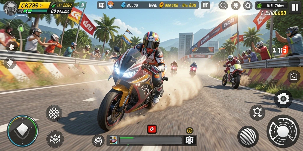 Screenshot utama CK789 menampilkan aksi balapan motor yang mendebarkan.