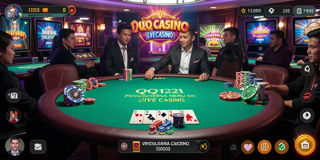 Screenshot gameplay QQ1221 menunjukkan dealer langsung dan suasana casino yang nyata.
