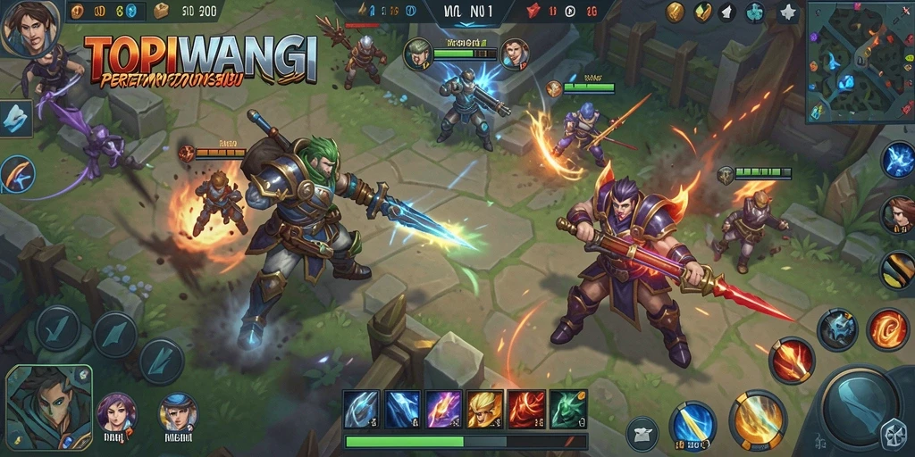 Tampilan gameplay menarik dari TOPIWANGI dalam pertempuran MOBA.